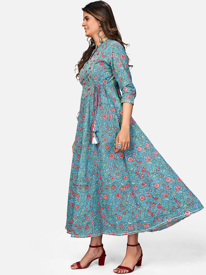 Turquoise Embroidered Anarkali Cotton Kurta
