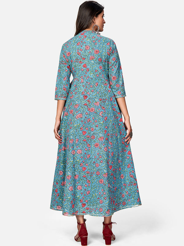 Turquoise Embroidered Anarkali Cotton Kurta