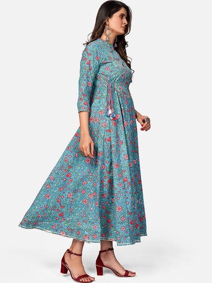 Turquoise Embroidered Anarkali Cotton Kurta