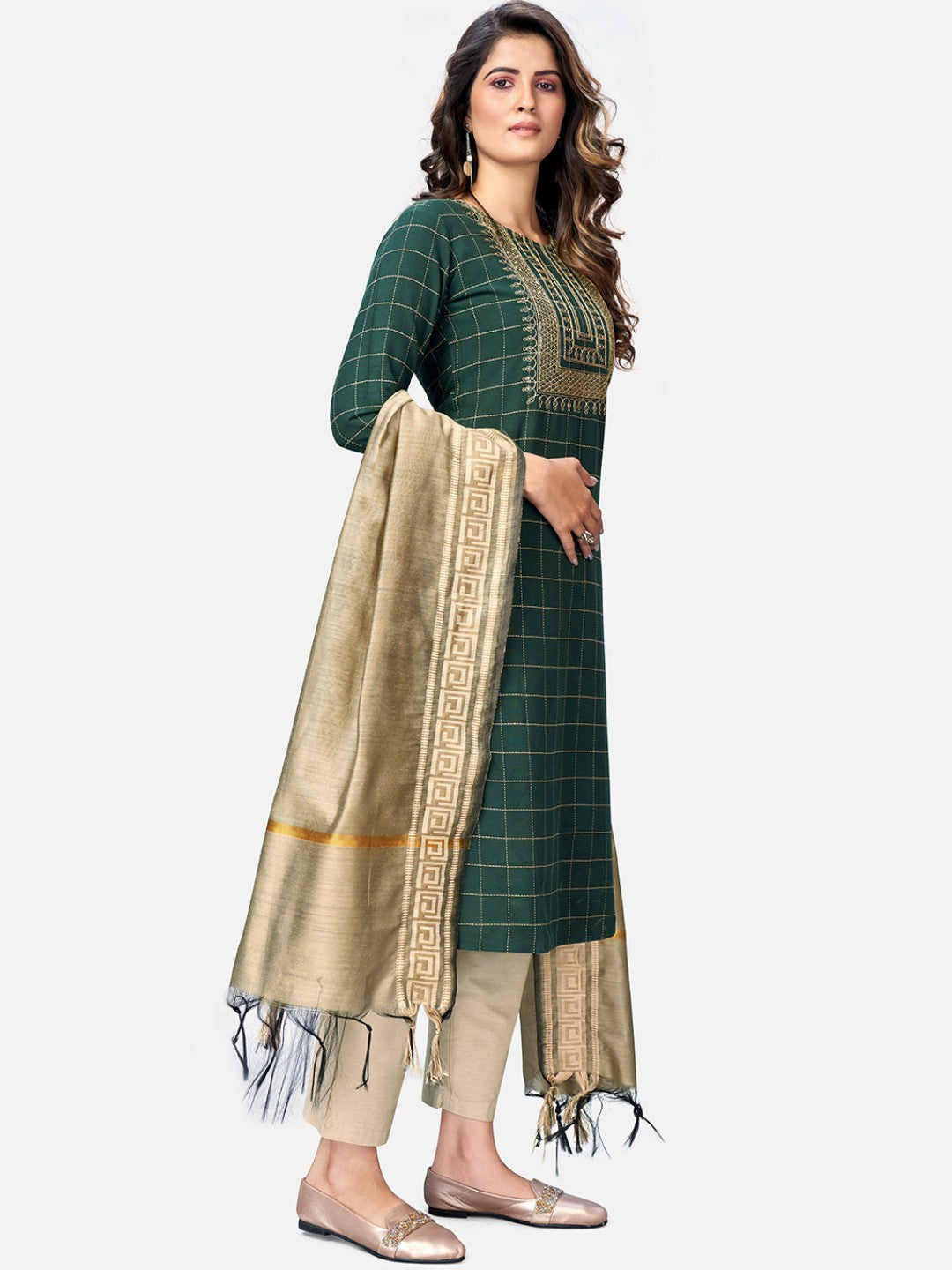 Green Sequence Straight Cotton Kurta Set