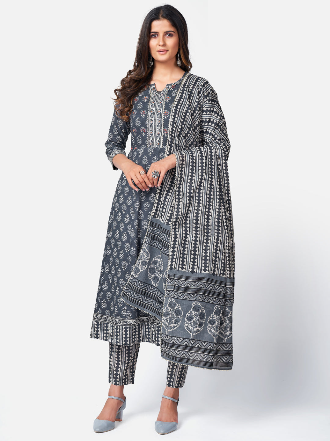 Dark Grey Embroidered Anarkali Cotton Kurta Set