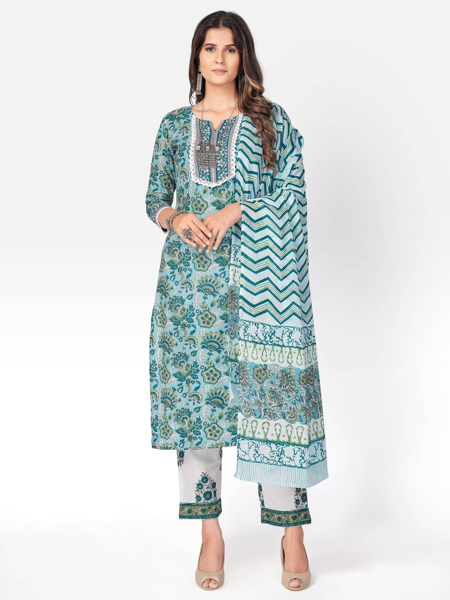 Light Aqua Printed Straight Cotton Kurta Set