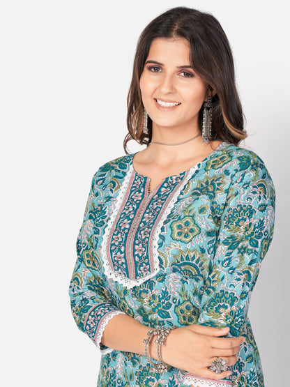 Light Aqua Printed Straight Cotton Kurta Set