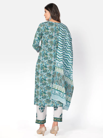 Light Aqua Printed Straight Cotton Kurta Set