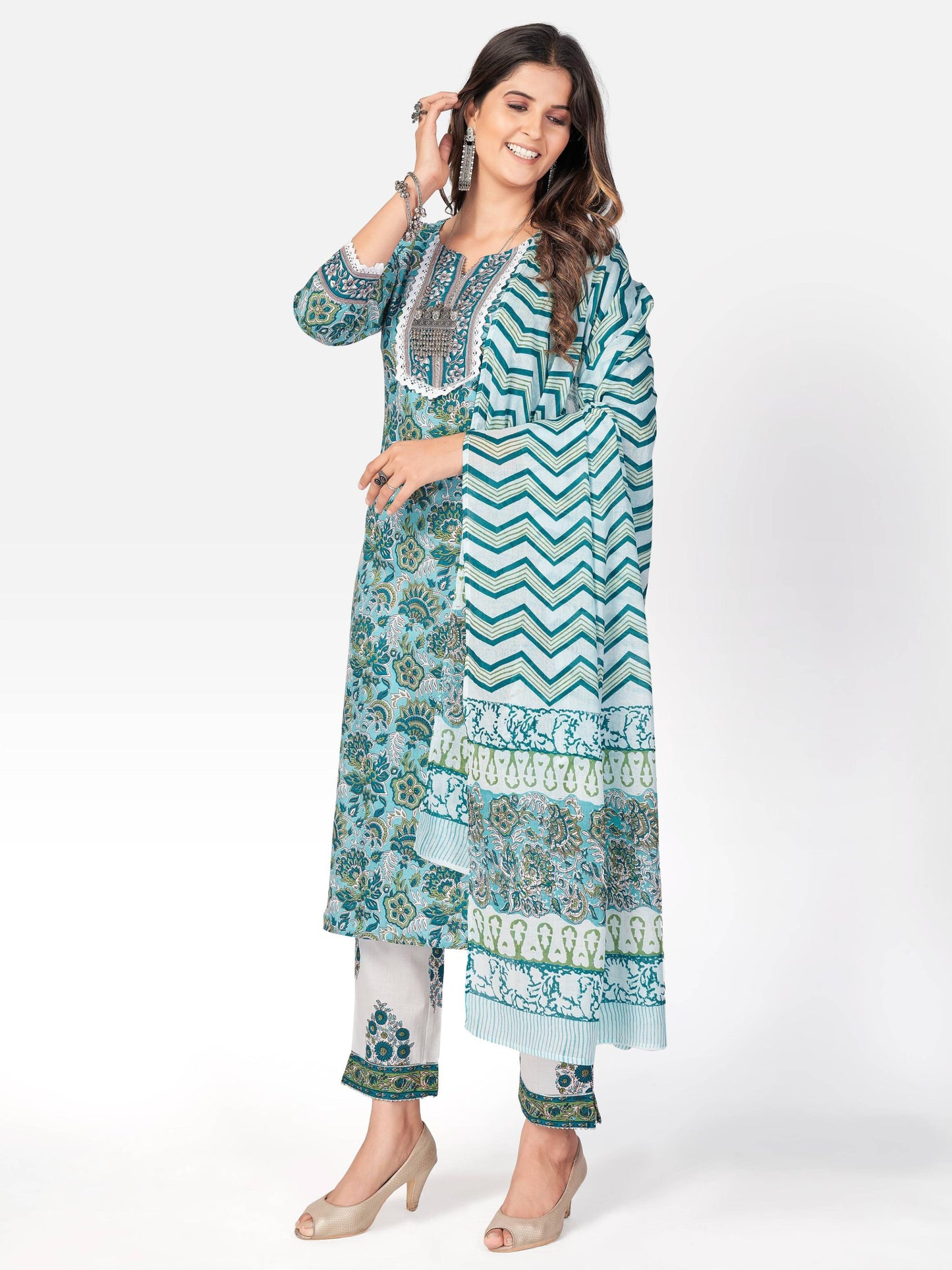 Light Aqua Printed Straight Cotton Kurta Set