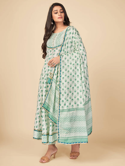 Green Embroidered Anarkali Cotton Kurta Set