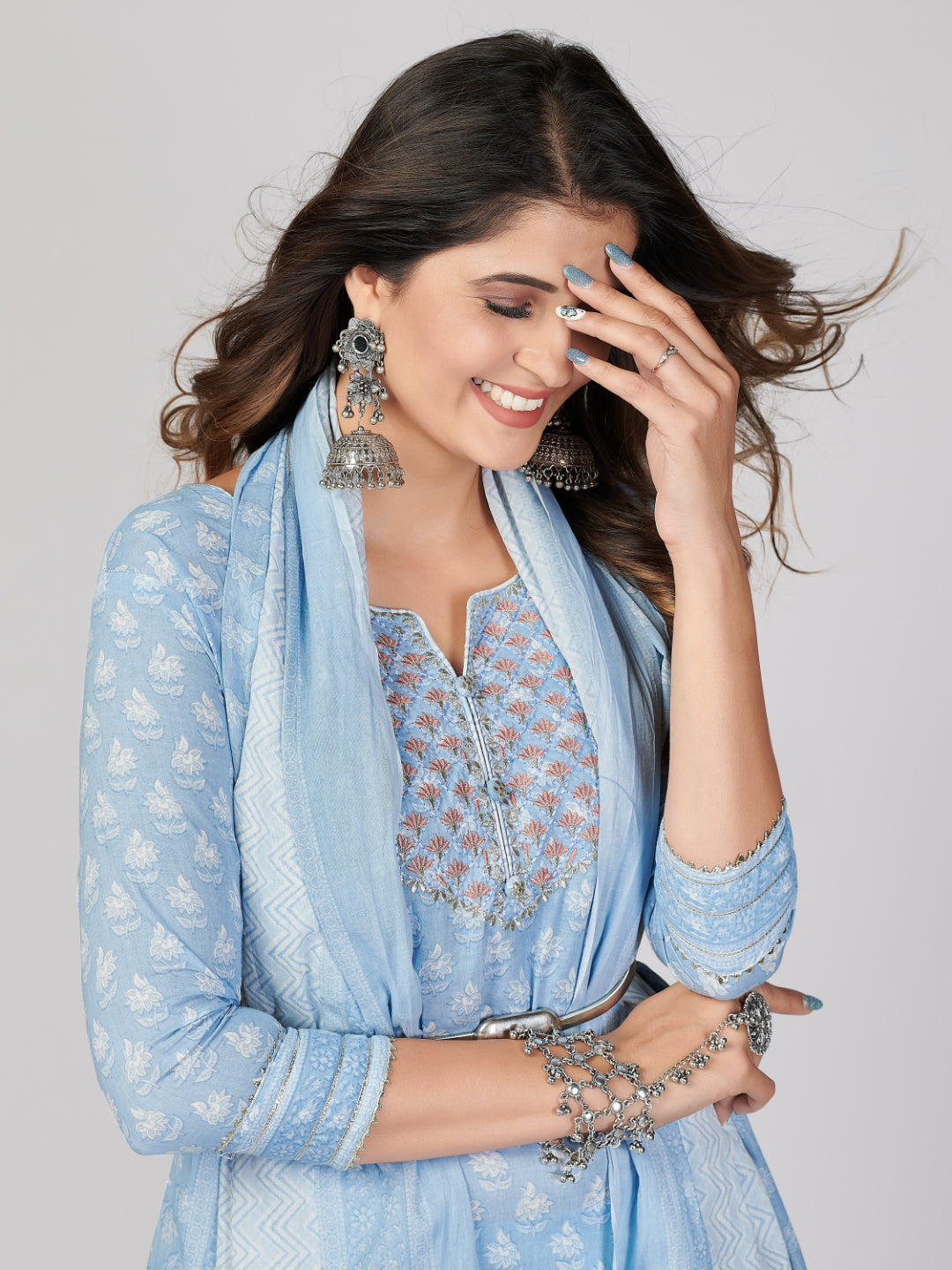 Sky Blue Embroidered Straight Cotton Kurta Set