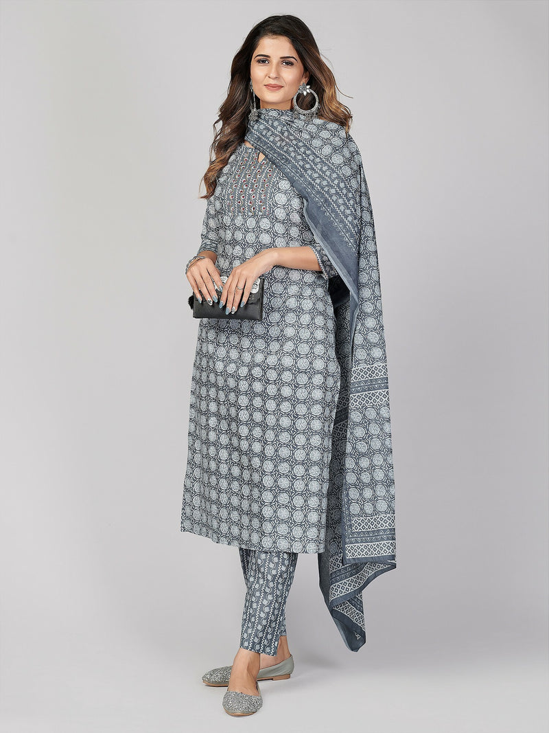 Grey Embellished Straight Cotton Kurta Set