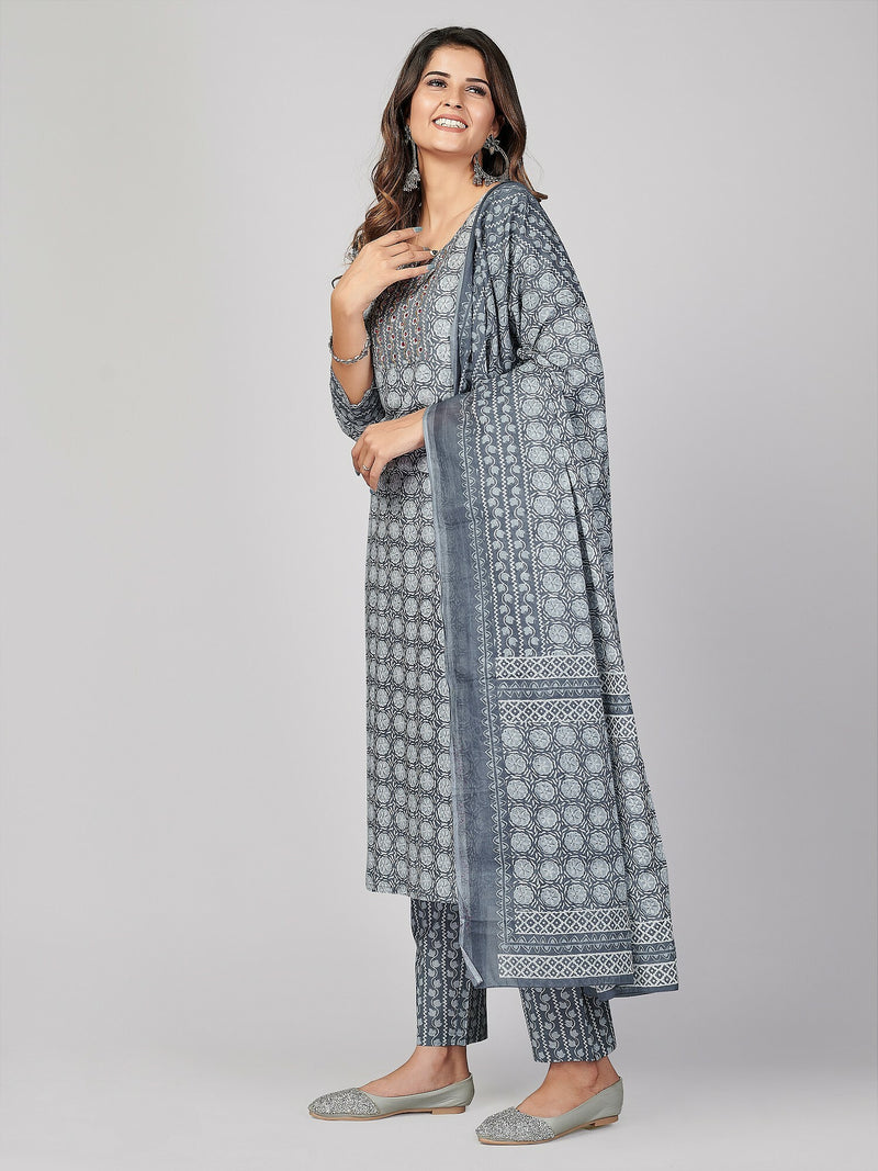 Grey Embellished Straight Cotton Kurta Set