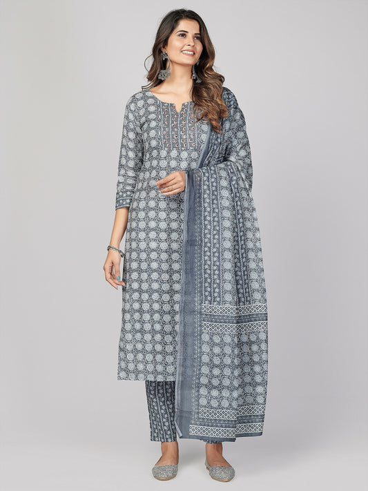 Grey Embellished Straight Cotton Kurta Set