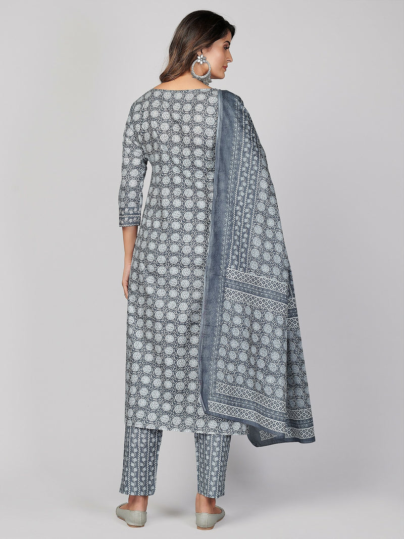 Grey Embellished Straight Cotton Kurta Set