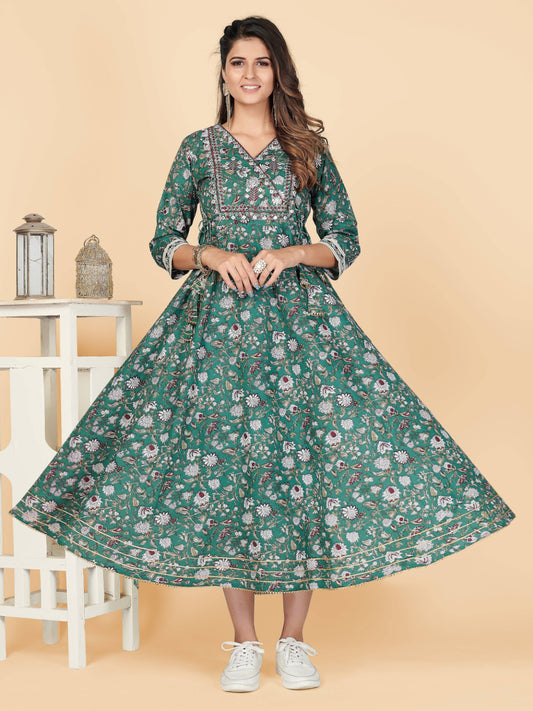 Teal Green Embroidered Anarkali Cotton Kurta