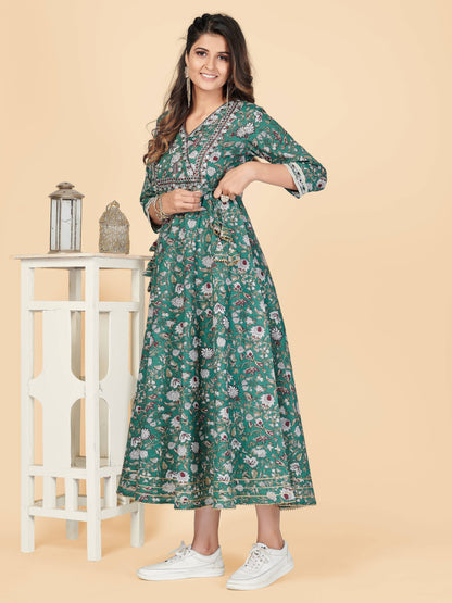 Teal Green Embroidered Anarkali Cotton Kurta