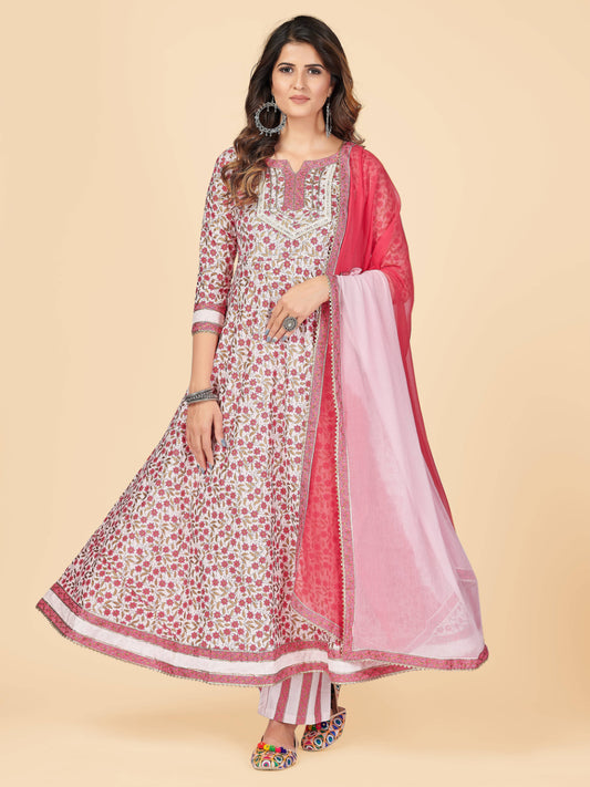 Pink Embroidered Anarkali cotton Kurta Set