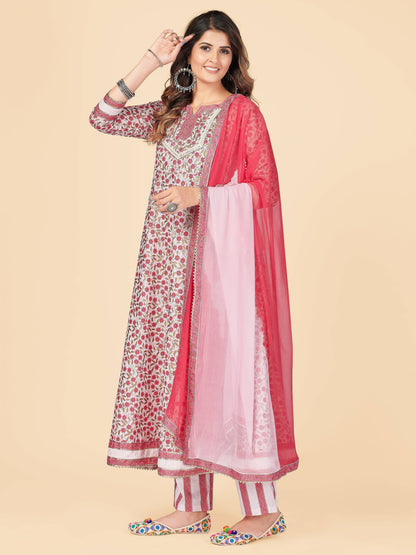 Pink Embroidered Anarkali cotton Kurta Set