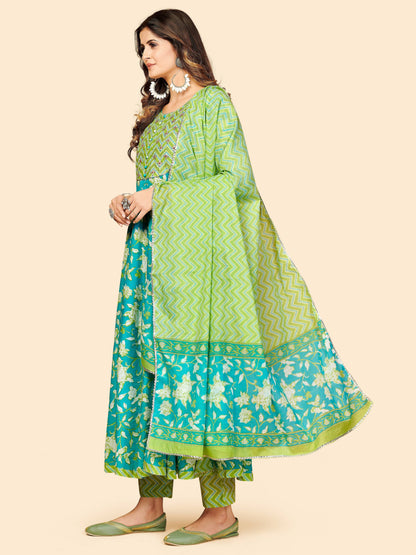 Aqua Embroidered Anarkali Cotton Kurta Set