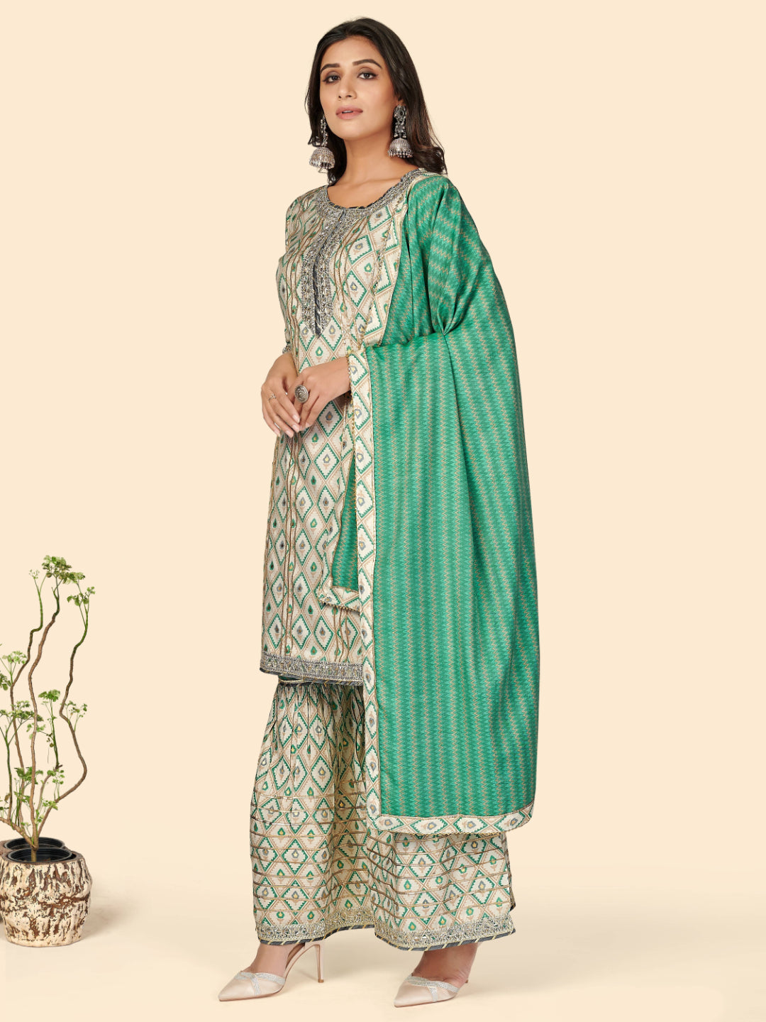 Turquoise Embroidered Straight Muslin Kurta Set