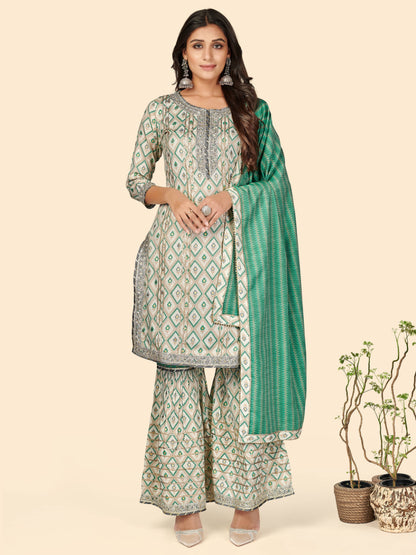 Turquoise Embroidered Straight Muslin Kurta Set