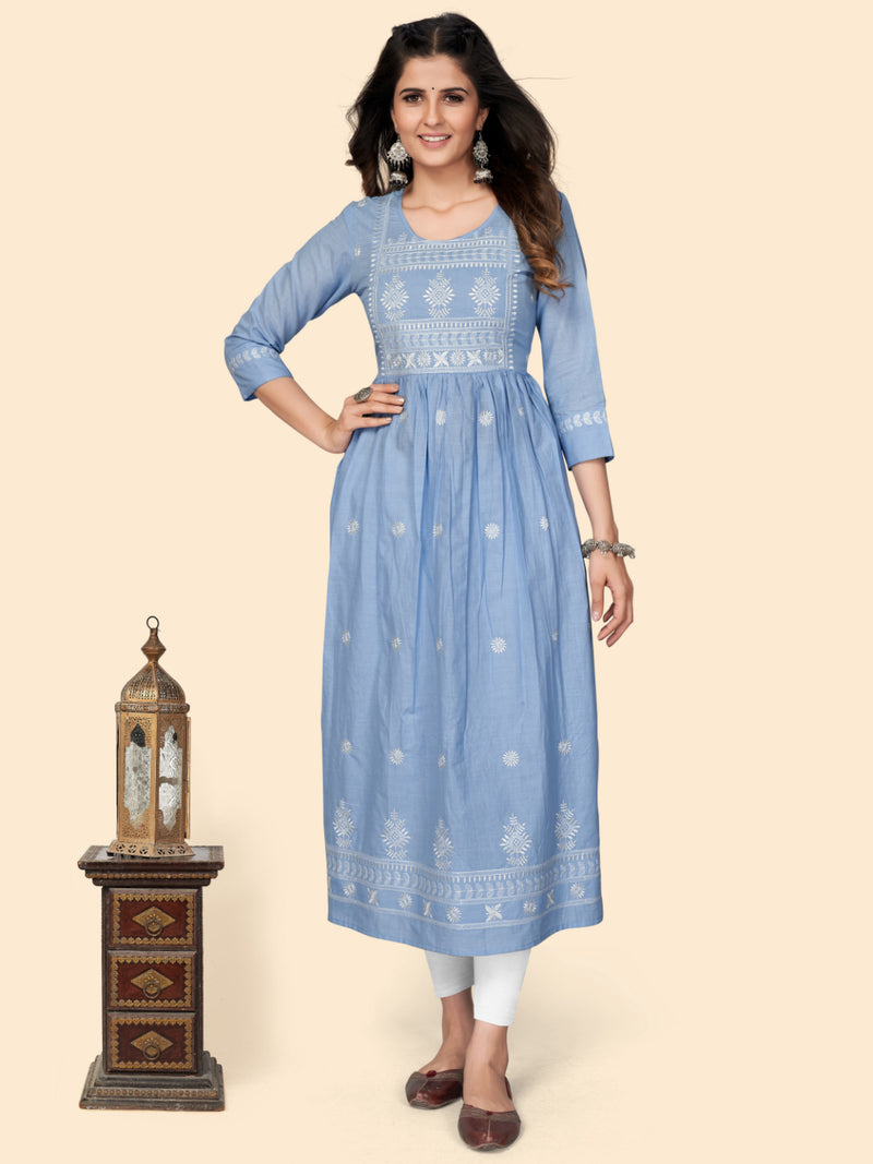 Lavender Embroidered A-Line Cotton Kurta