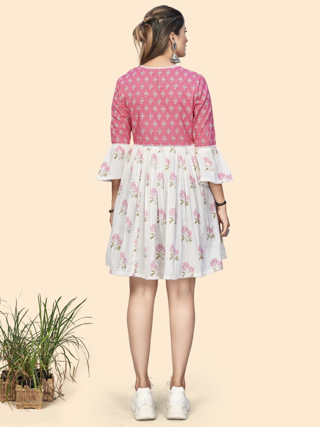 Pink & White Printed A-Line Cotton Dress