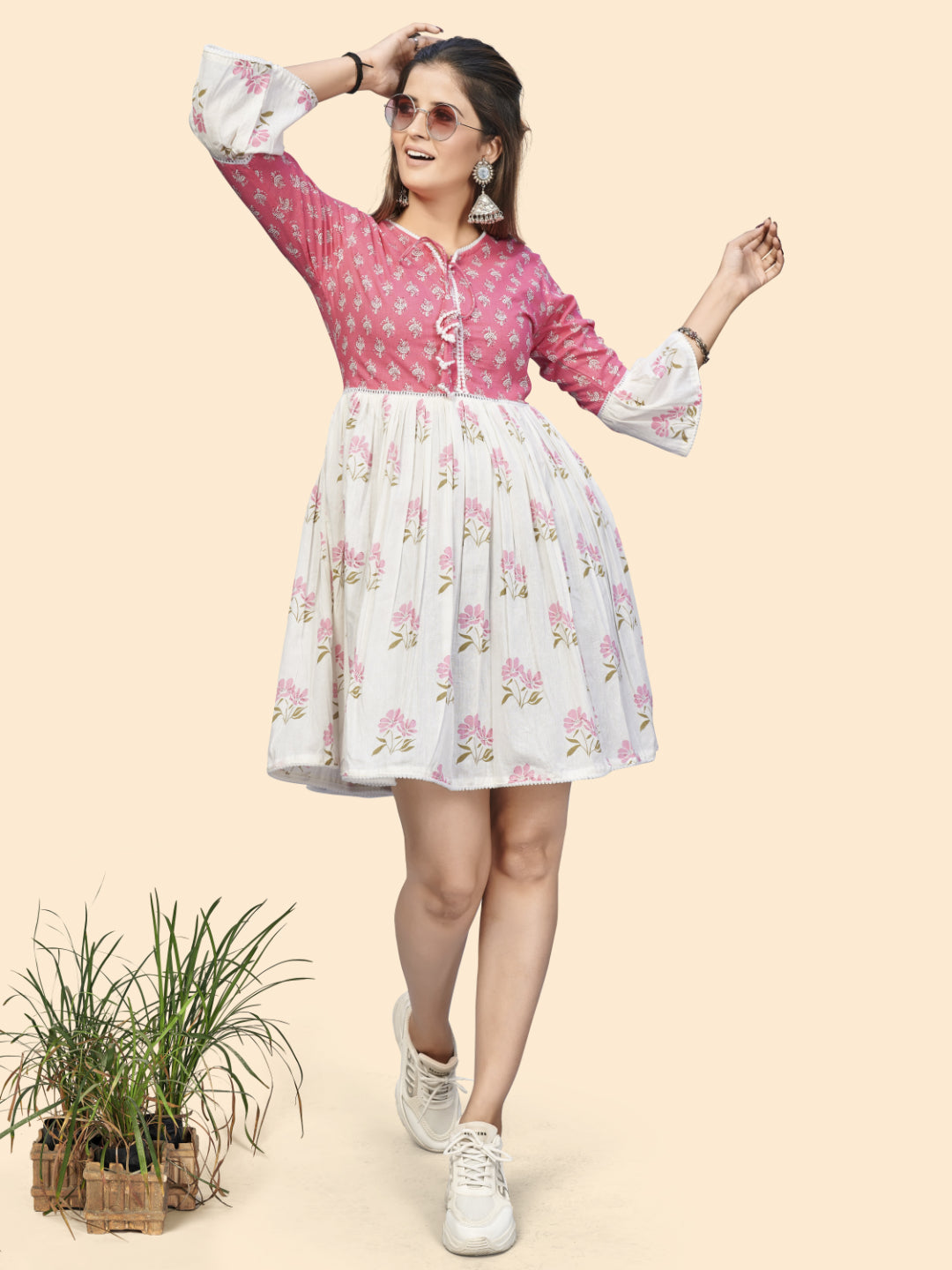 Pink & White Printed A-Line Cotton Dress