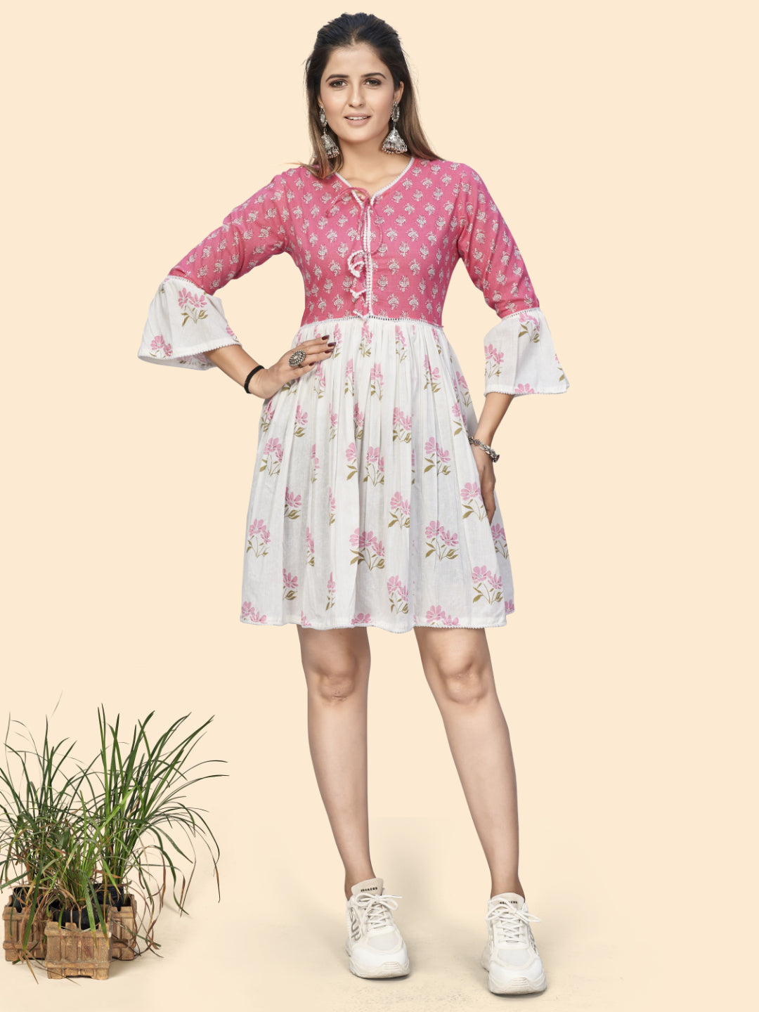 Pink & White Printed A-Line Cotton Dress