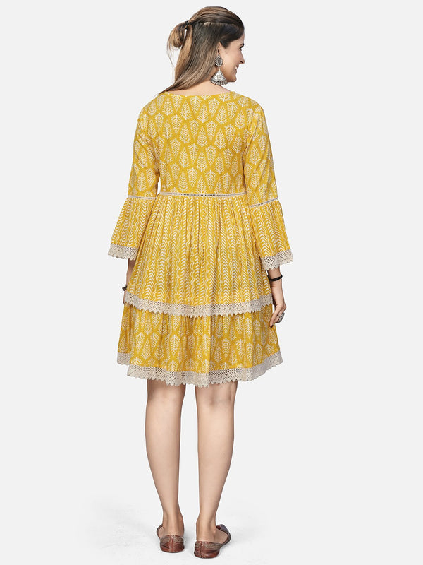 Yellow Embroidered Flared Cotton Dress