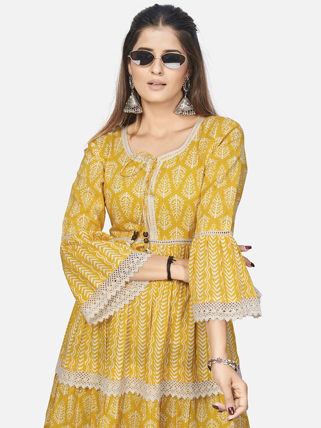 Yellow Embroidered Flared Cotton Dress