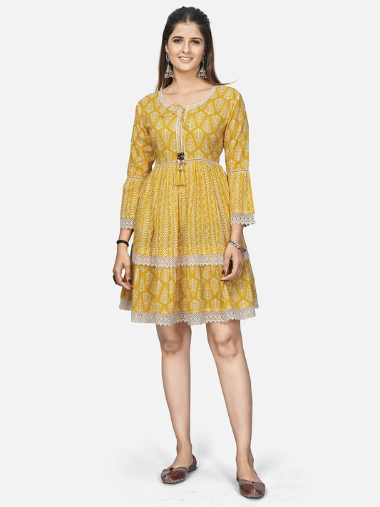 Yellow Embroidered Flared Cotton Dress