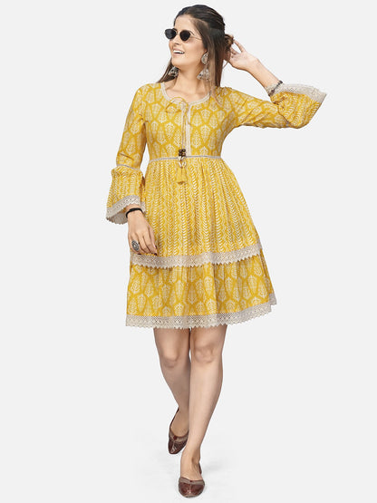 Yellow Embroidered Flared Cotton Dress