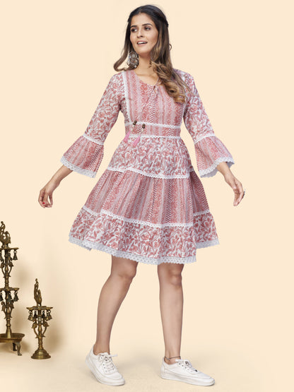 Pink Printed Flared Cotton Dress