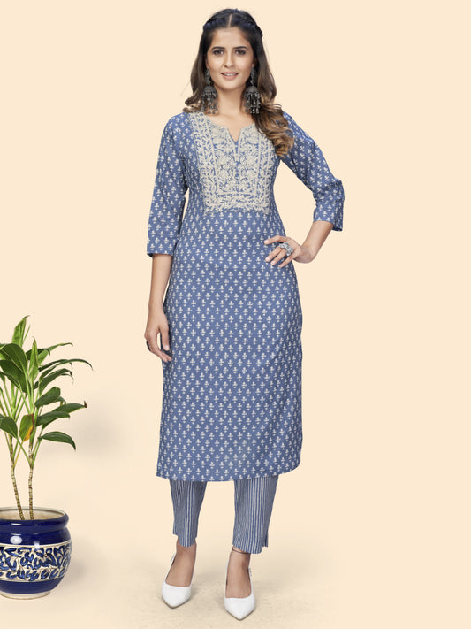 Blue Straight Cotton Kurta With Pant