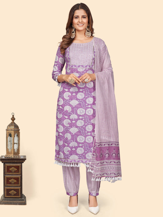 Lavender Sequience Straight Cotton Kurta Set