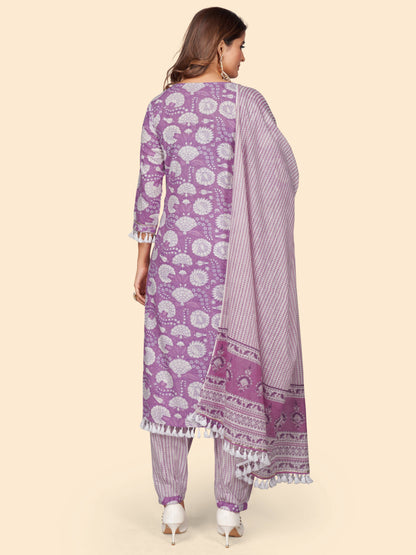 Lavender Sequience Straight Cotton Kurta Set