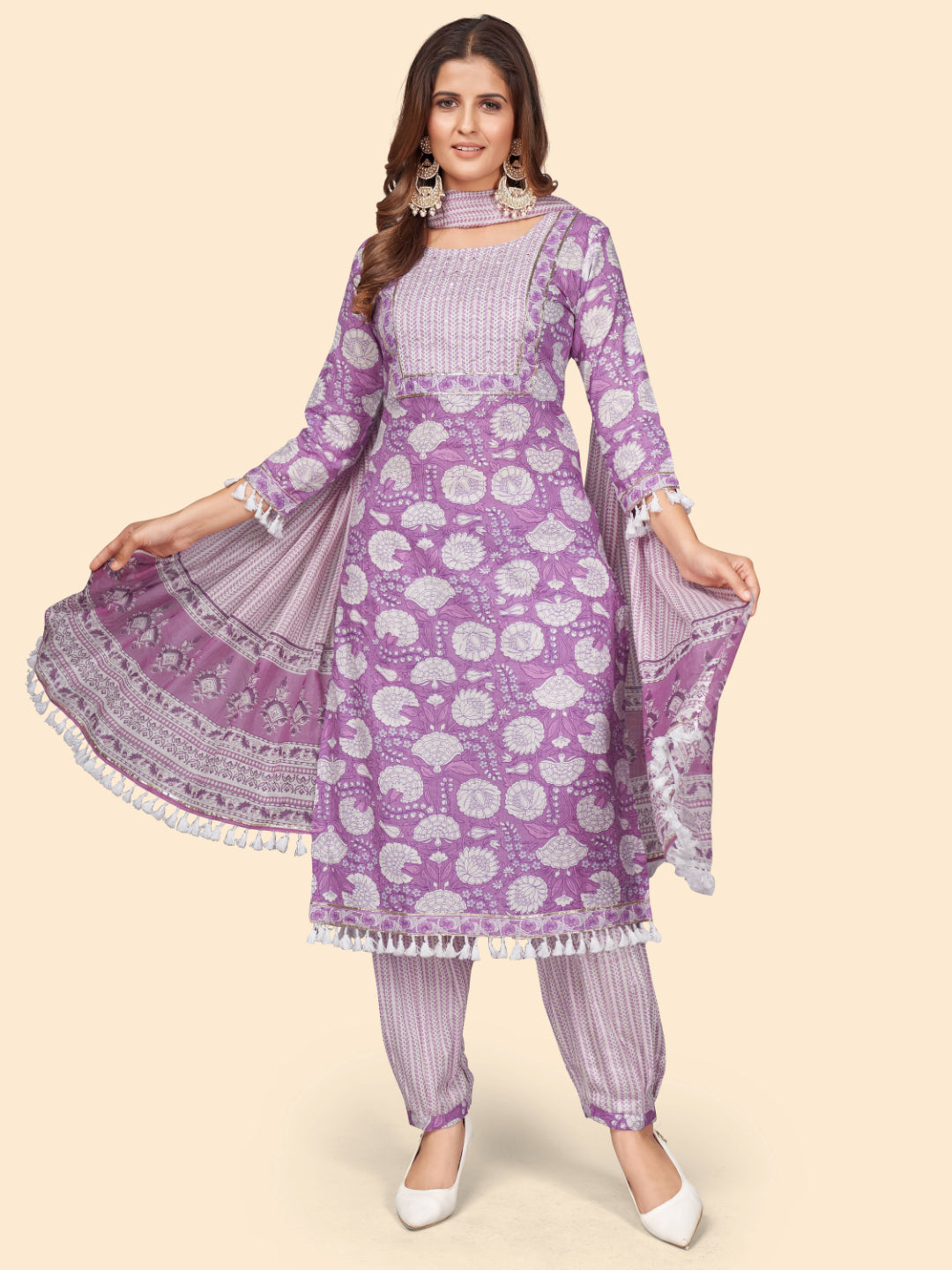 Lavender Sequience Straight Cotton Kurta Set