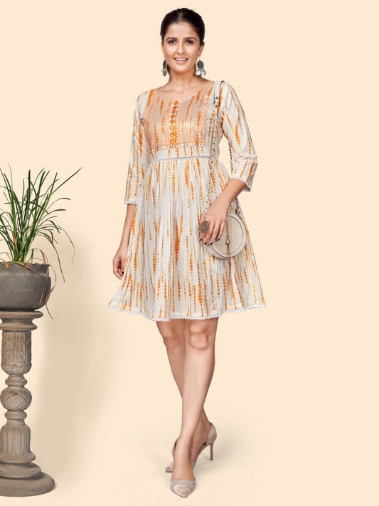 Orange Sequience Flared Cotton Dress