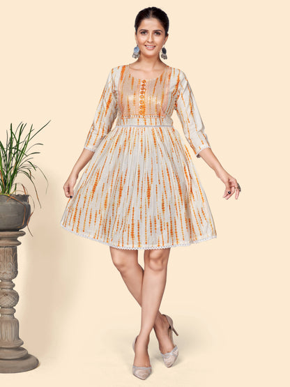 Orange Sequience Flared Cotton Dress