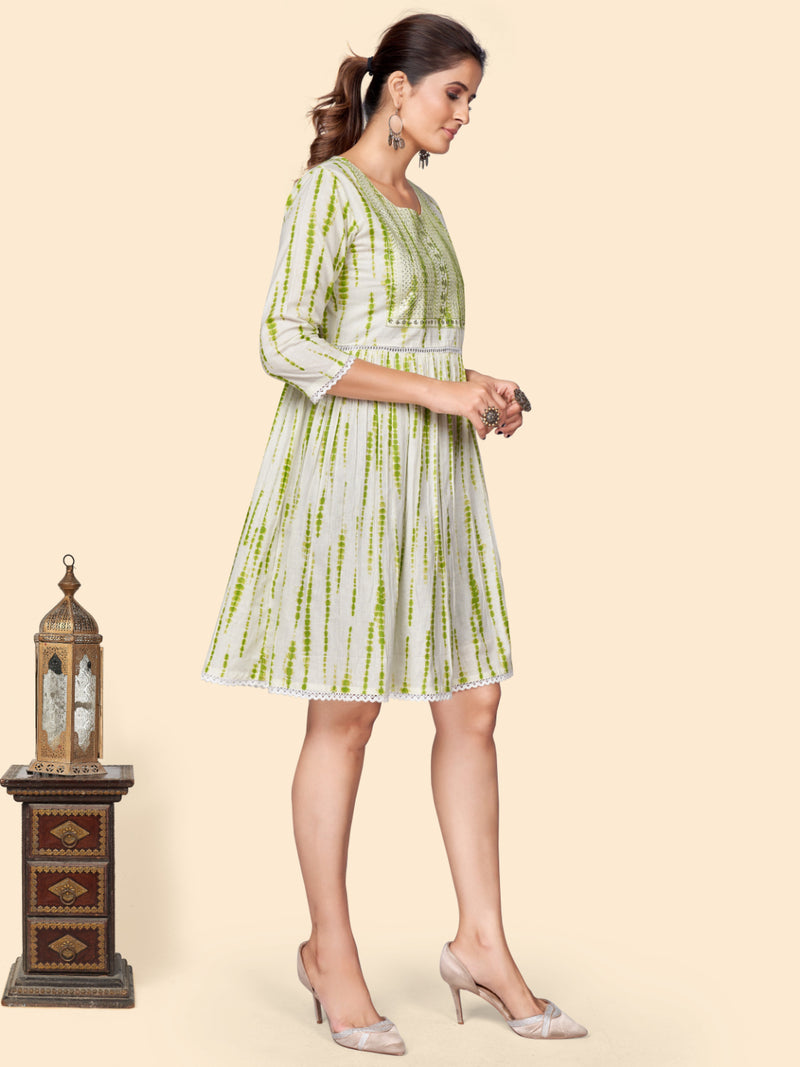 Green Embroidered Flared Cotton Dress