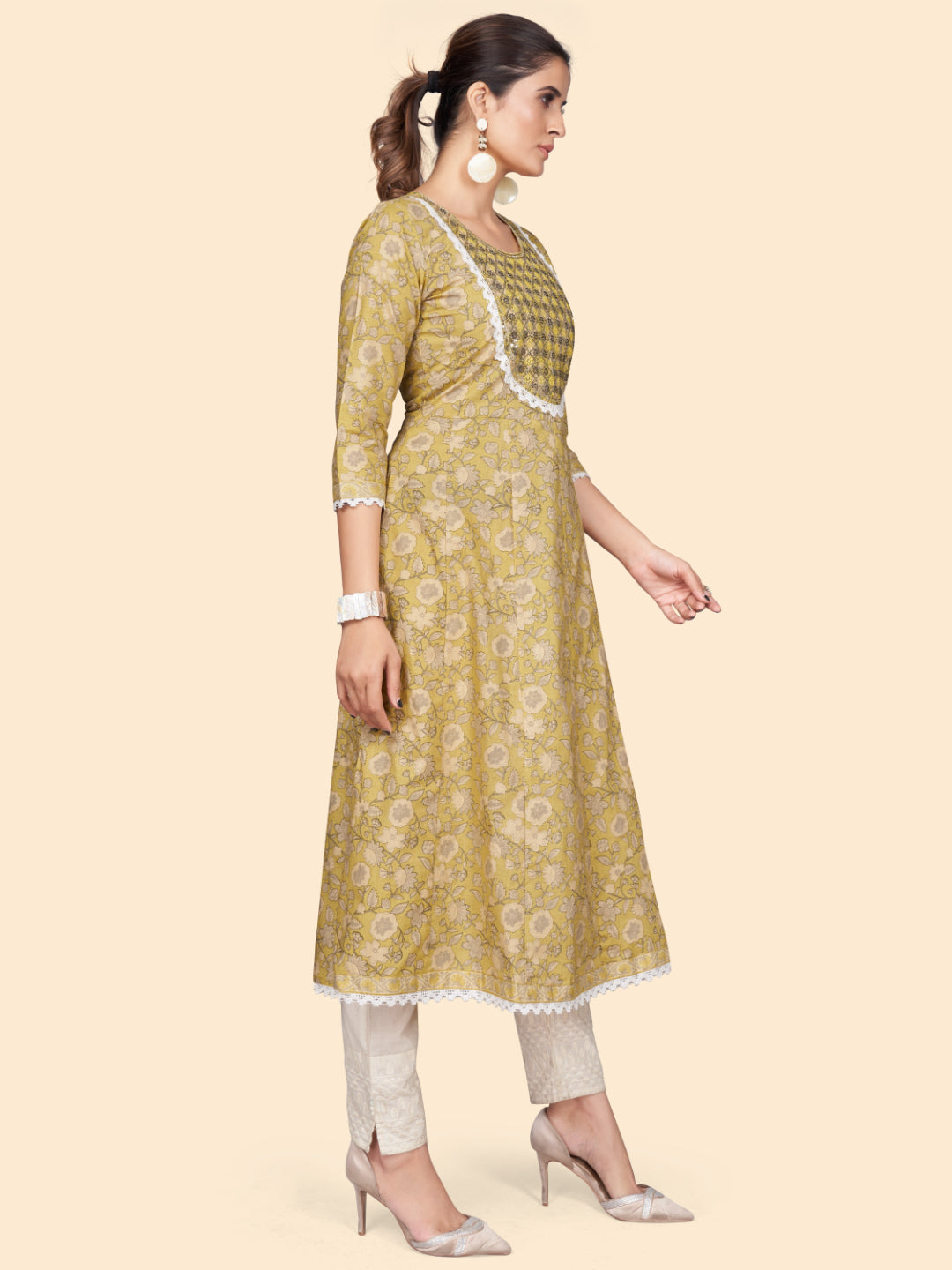 Yellow Embroidered A-Line Cotton Kurta