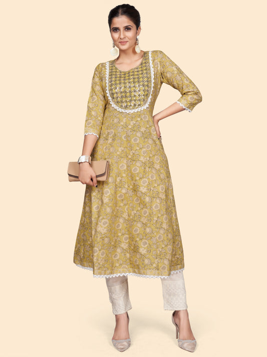 Yellow Embroidered A-Line Cotton Kurta