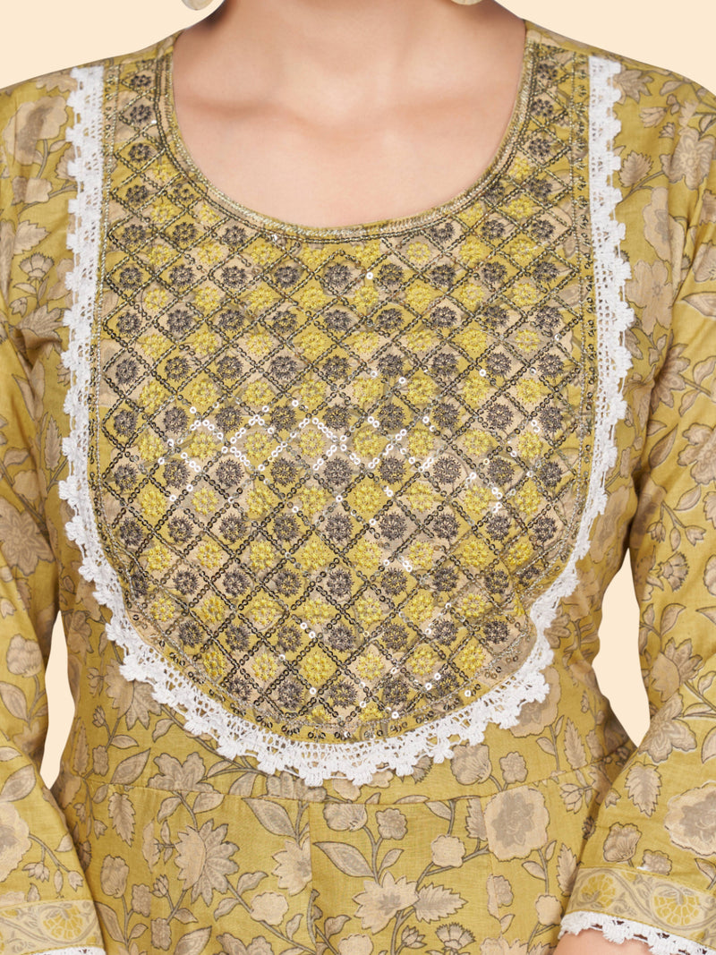 Yellow Embroidered A-Line Cotton Kurta