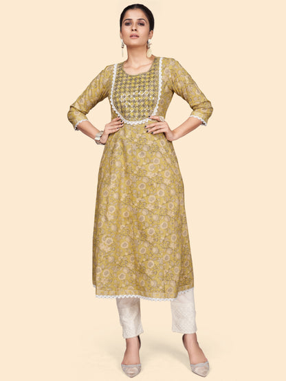 Yellow Embroidered A-Line Cotton Kurta