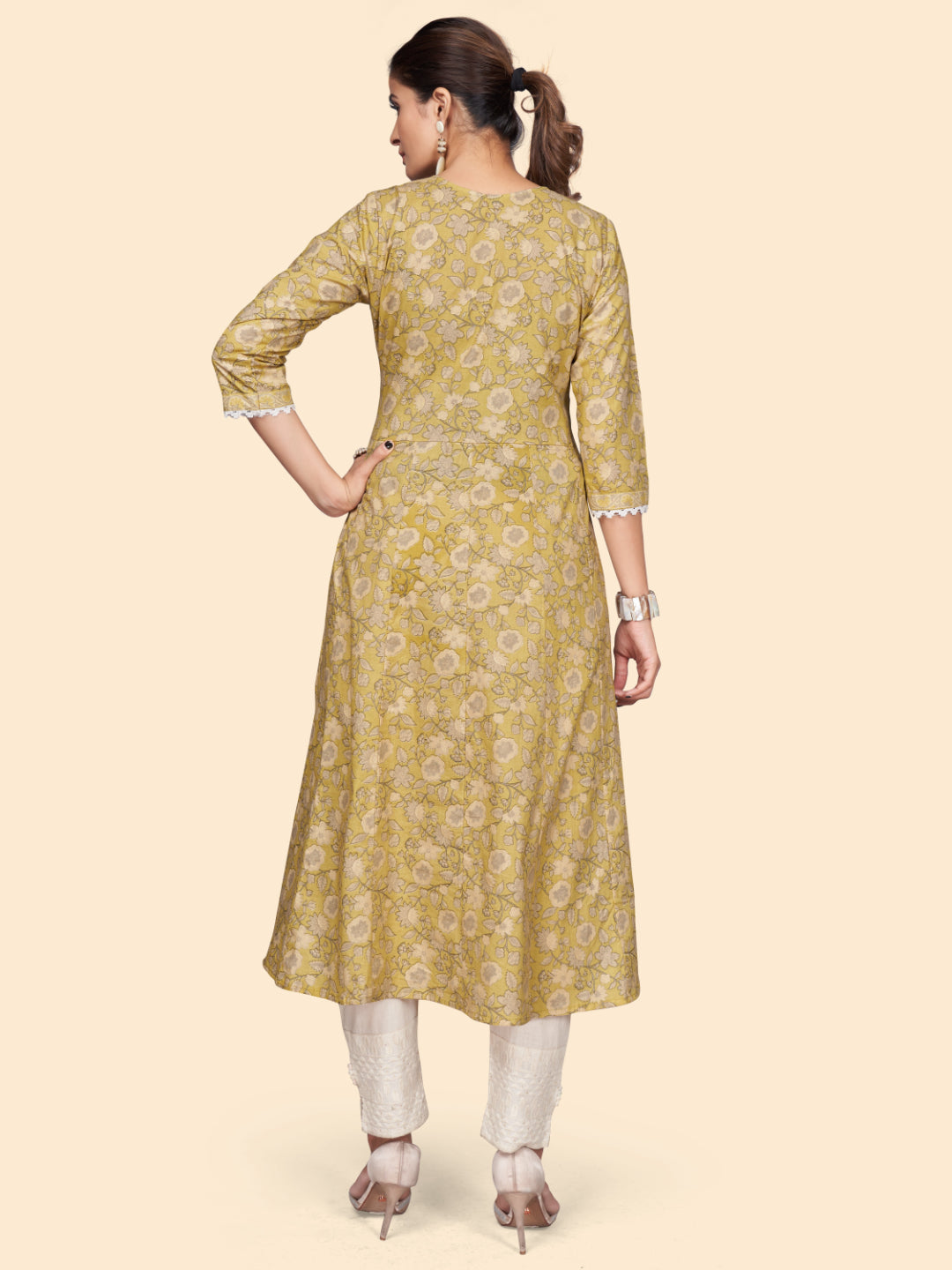 Yellow Embroidered A-Line Cotton Kurta