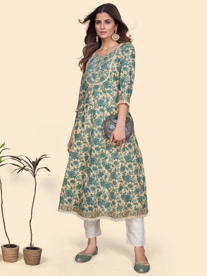 Turquoise Embroidered A-Line Cotton Kurta