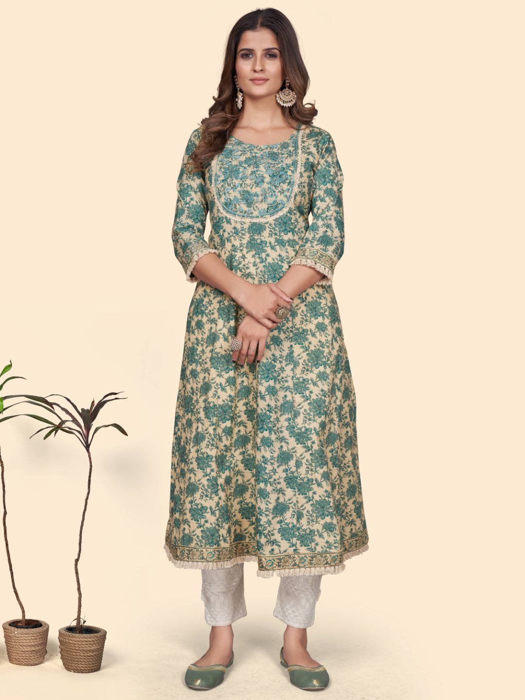 Turquoise Embroidered A-Line Cotton Kurta