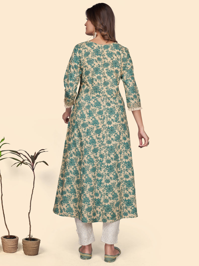 Turquoise Embroidered A-Line Cotton Kurta