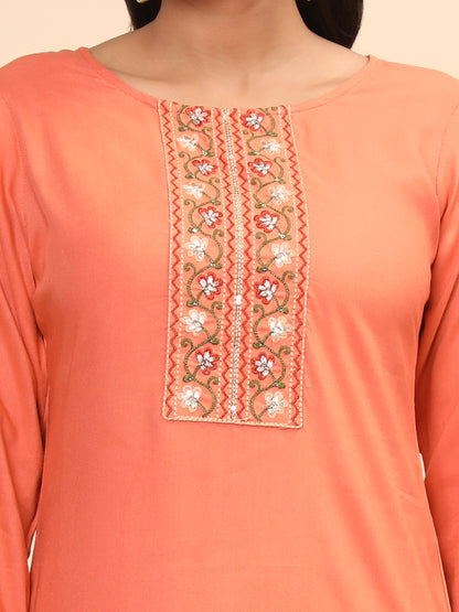 Orange Embroidered Straight Rayon Kurta