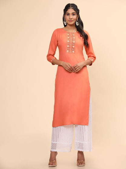 Orange Embroidered Straight Rayon Kurta