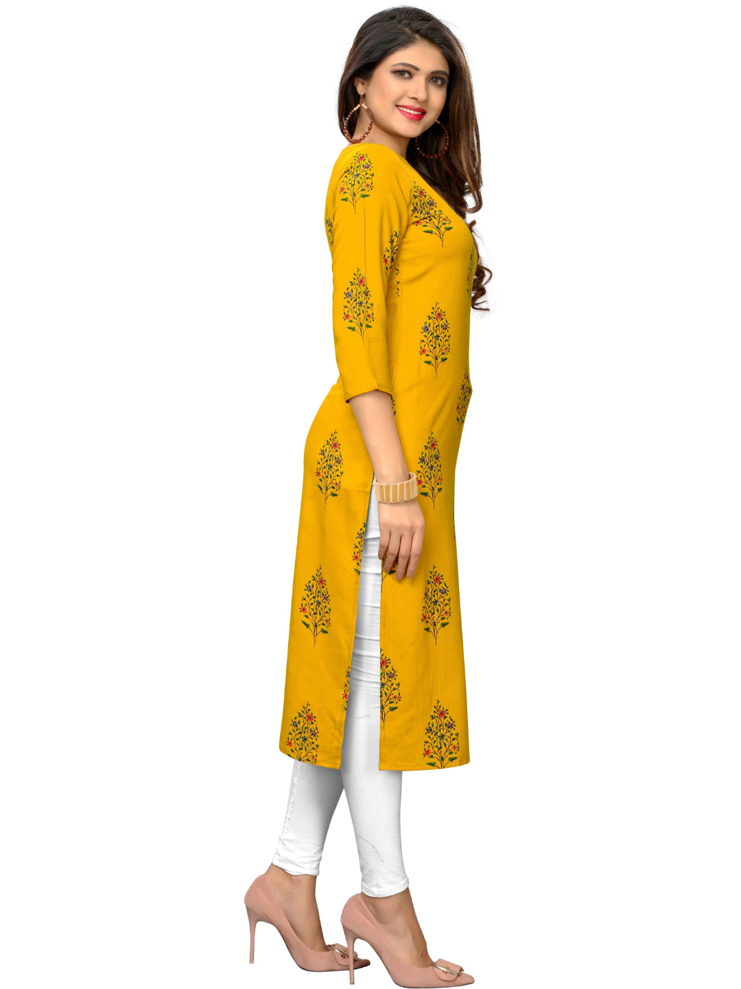 Yellow Printed Rayon Straight Kurti