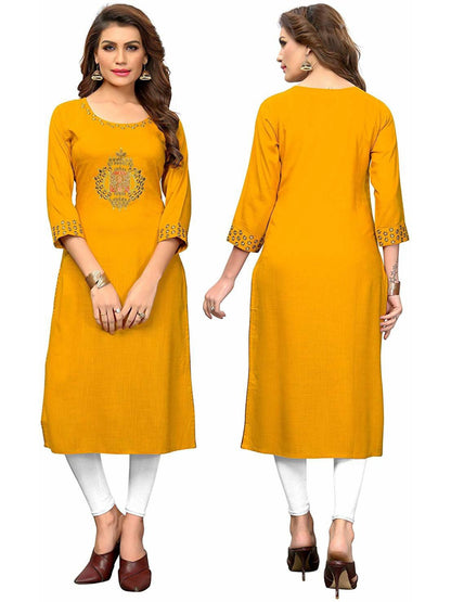 Yellow Embroidered Rayon Straight Kurti